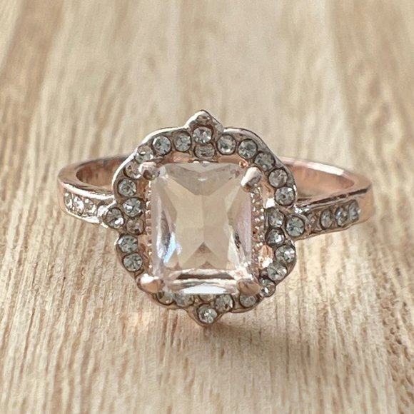 Vintage Radiant Floral White Sapphire Halo Ring - Rose Gold Plated - Picture 1 of 5